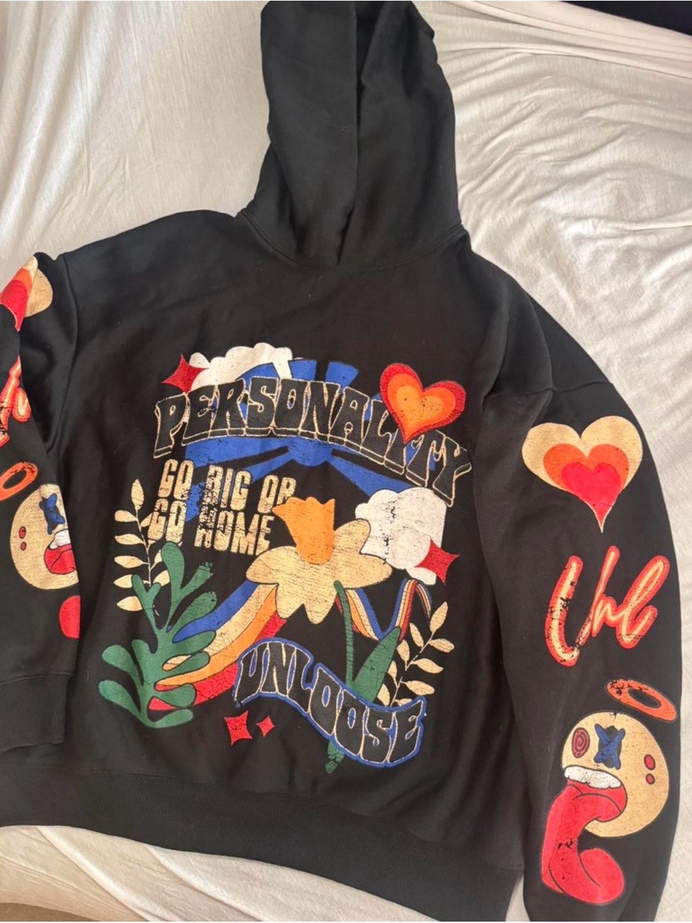 Graphic 'Personality' Black Hoodie with Colorful Floral & Heart Prints